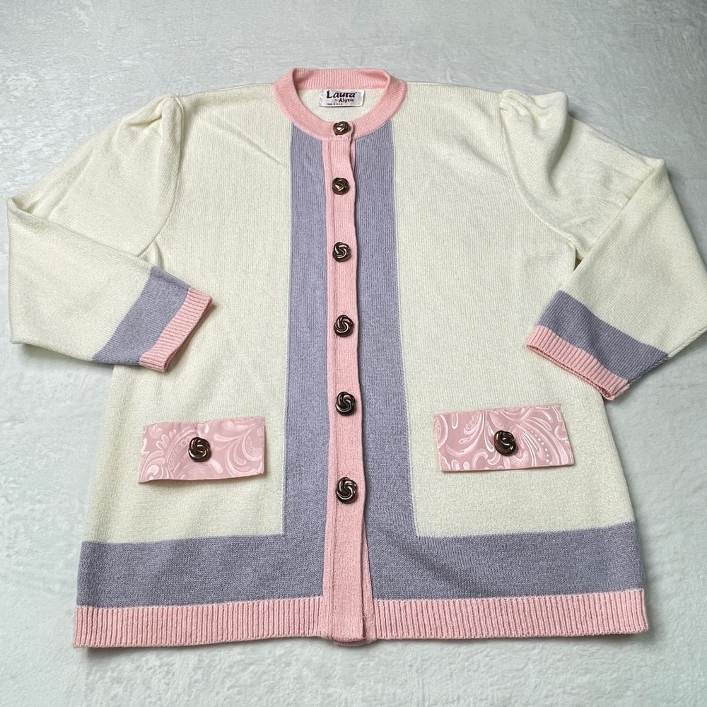 Vintage Laura by Alyzia Colorblock Cardigan Pink Lavender Cream Size 12 USA
